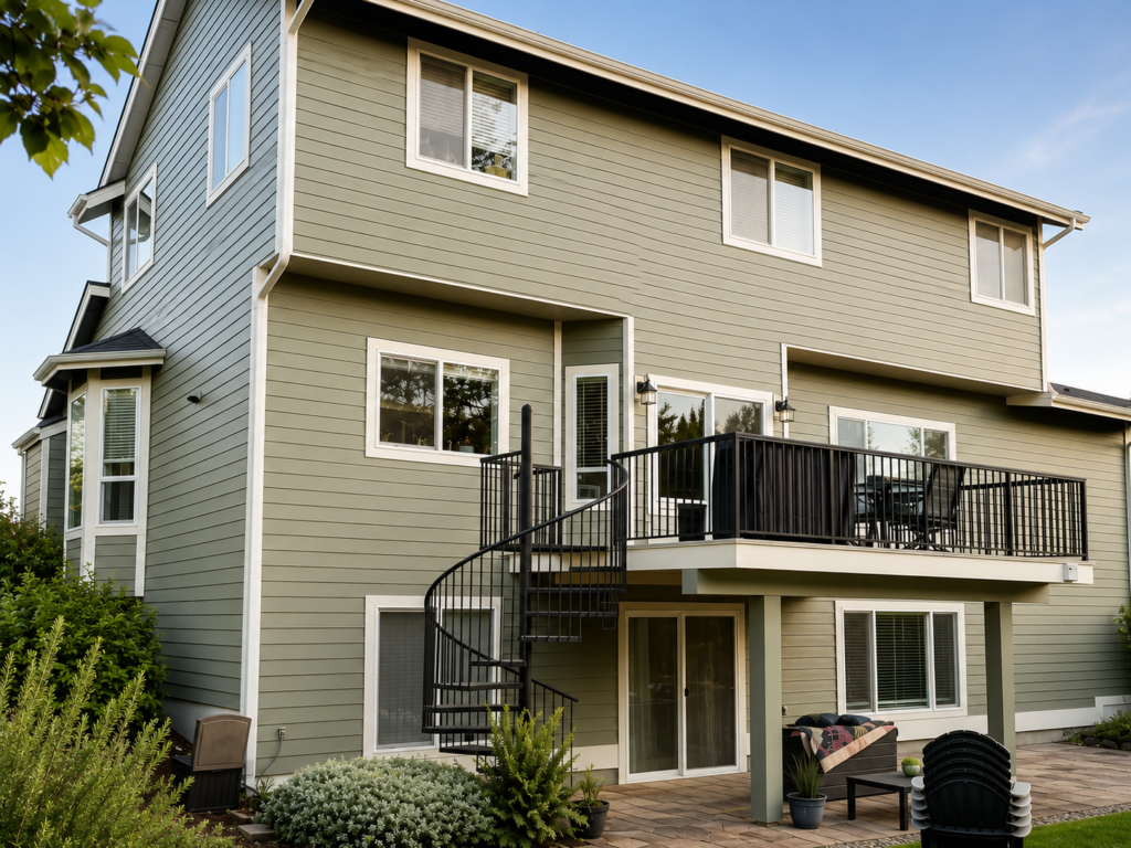 Freshly painted two-story home with modern sage gray siding and crisp white trim completed by Blissful Painting serving Olympia, Lacey, Tumwater, Tacoma, and surrounding communities.