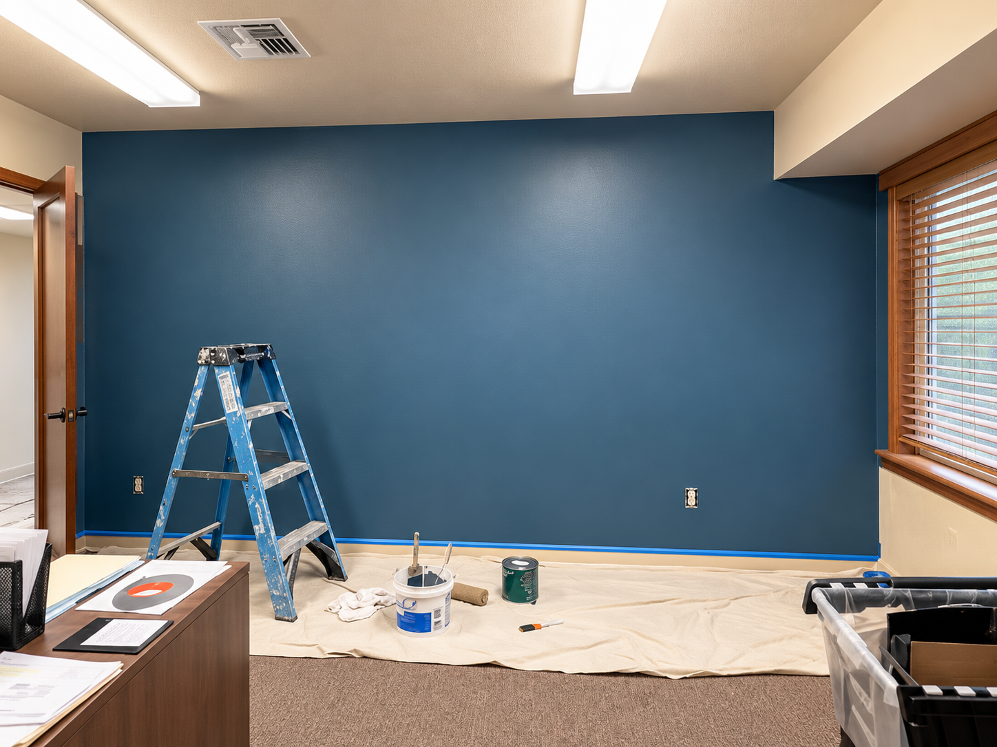 Blue accent wall during an interior painting project with protective floor coverings and painting equipment.