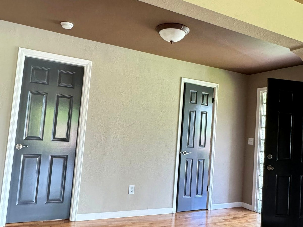 Dark charcoal interior doors with crisp white trim, neutral walls, and hardwood flooring.